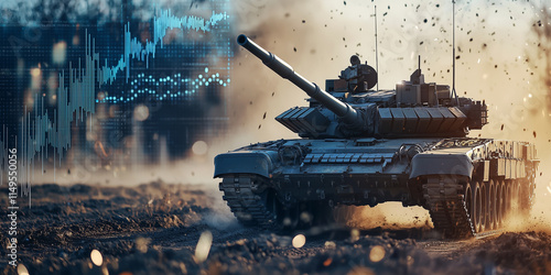 military tank advances through battlefield, surrounded by dust and debris, with digital data overlay symbolizing technology integration in modern warfare