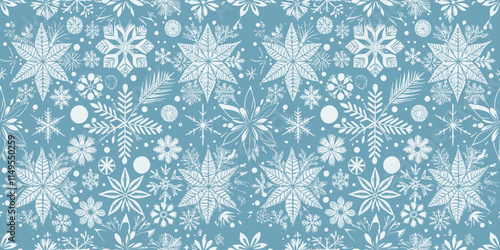 A beautiful wintery pattern featuring intricate white snowflakes on a soft blue background, perfect for seasonal designs.