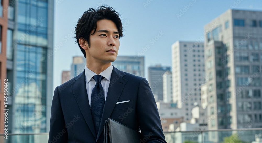 Ambitious Japanese Businessman in Smart Suit Walking through Urban Skyscraper District 高層ビル街を歩くスマートなスーツ姿の野心的な日本人ビジネスマン Ambitious Japanese Businessman in Smart Suit Walking through Urban Skyscraper District 高層ビル街を歩くスマートなスーツ姿の野心的な日本人ビジネスマン