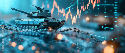 military tank surrounded by barbed wire is juxtaposed with glowing stock market graph, symbolizing intersection of war and economics in futuristic setting
