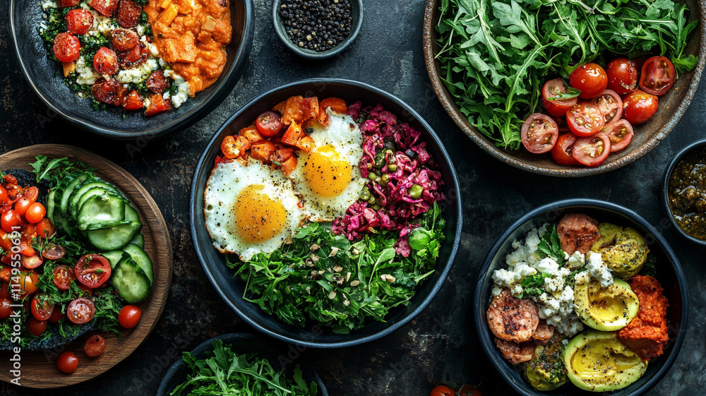 Colorful salad bowls with fresh ingredients and sunny side up eggs at a dining table. Colorful salad bowls with fresh ingredients and sunny side up eggs at a dining table.