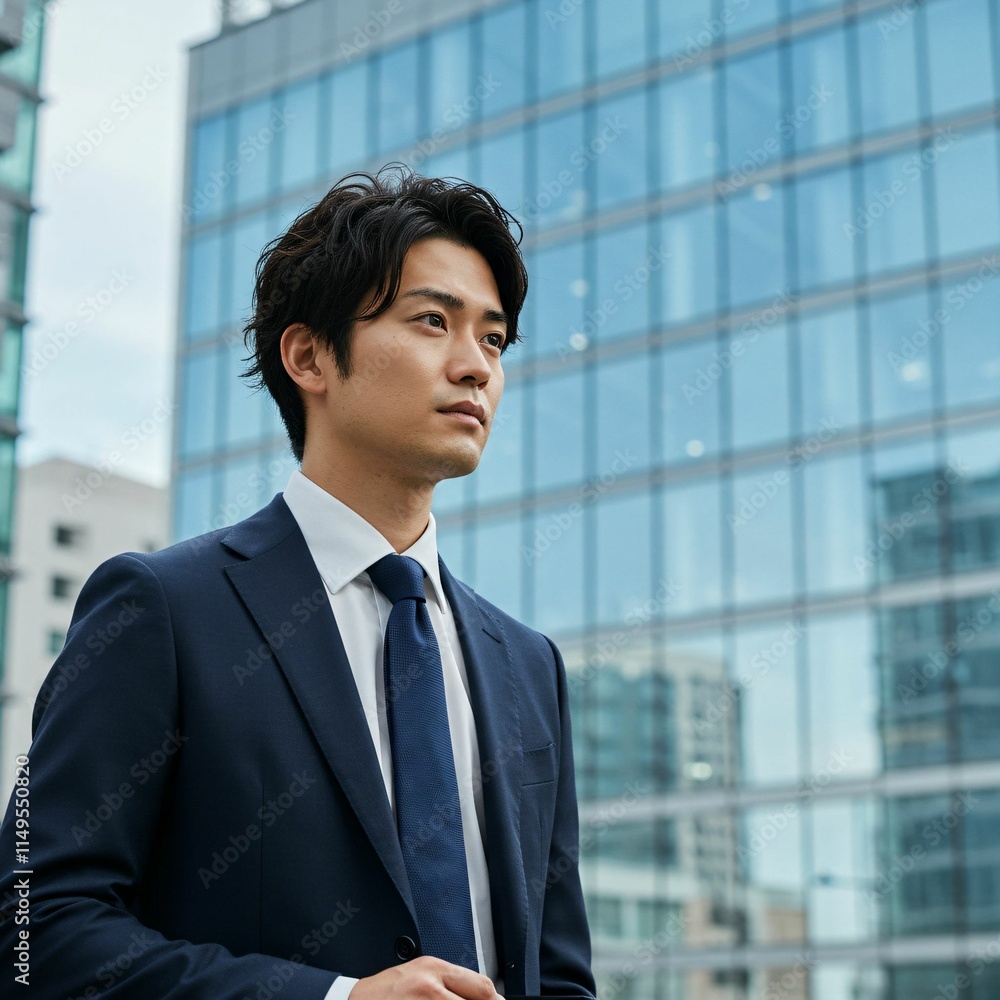 Confident Young Male Executive Holding Briefcase with Modern Skyscrapers in the Background Confident Young Male Executive Holding Briefcase with Modern Skyscrapers in the Background