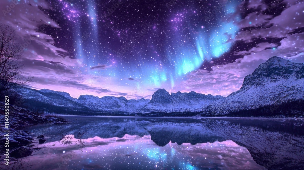 Naklejka premium Enchanting Northern Lights Illuminating a Mountain Lake