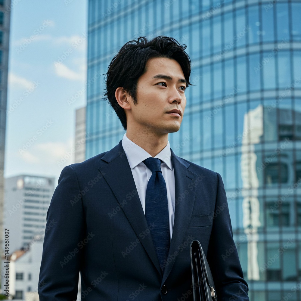 Confident Young Male Executive Holding Briefcase with Modern Skyscrapers in the Background Confident Young Male Executive Holding Briefcase with Modern Skyscrapers in the Background