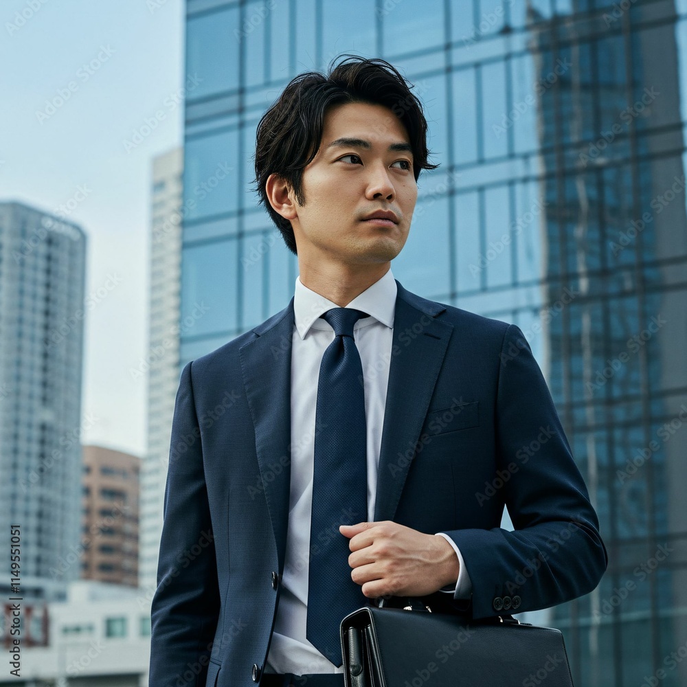 Confident Young Male Executive Holding Briefcase with Modern Skyscrapers in the Background Confident Young Male Executive Holding Briefcase with Modern Skyscrapers in the Background