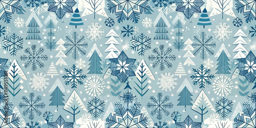 Winter-themed pattern featuring snowflakes and evergreen trees in cool blue tones.