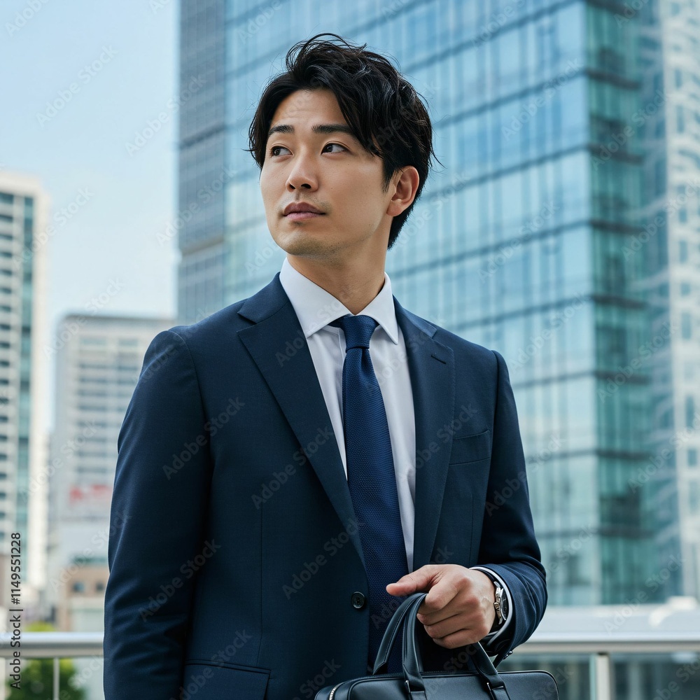 Confident Young Male Executive Holding Briefcase with Modern Skyscrapers in the Background Confident Young Male Executive Holding Briefcase with Modern Skyscrapers in the Background