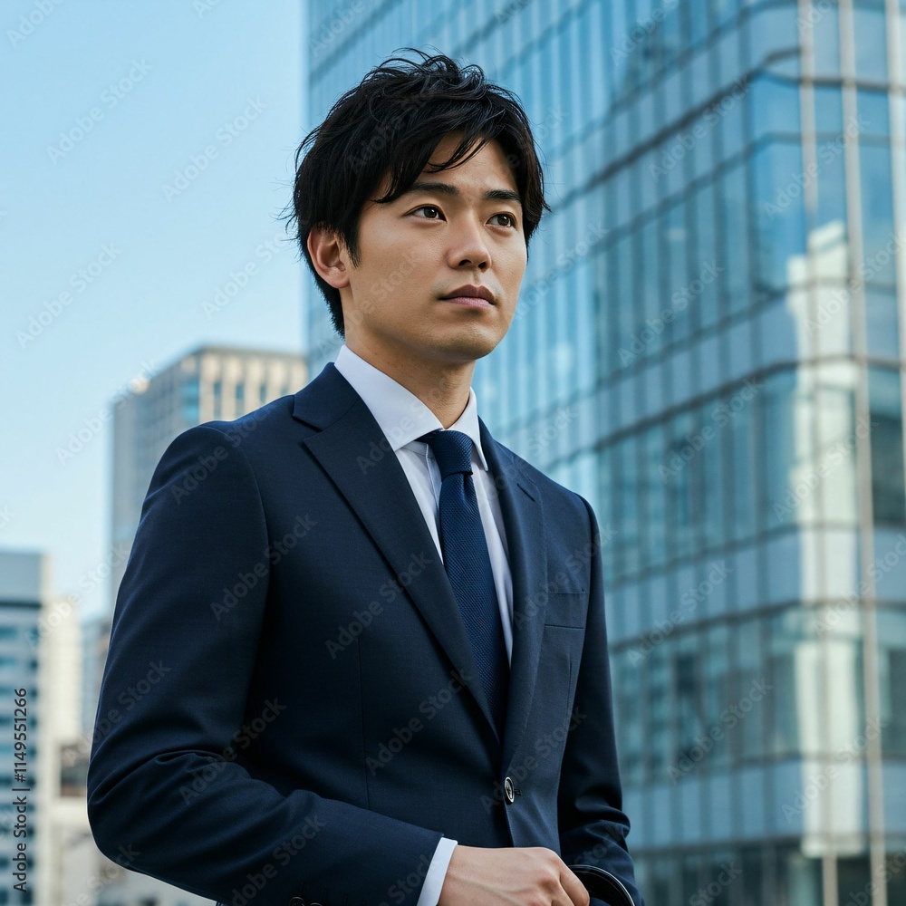 Confident Young Male Executive Holding Briefcase with Modern Skyscrapers in the Background Confident Young Male Executive Holding Briefcase with Modern Skyscrapers in the Background