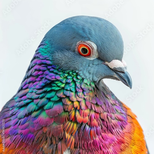 Close up portrait of a nicobar pigeon showcasing its vibrant and iridescent plumage against a clean white backdrop photo