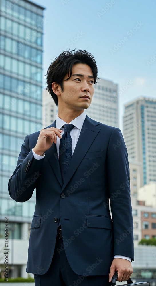 Confident Young Male Executive Holding Briefcase with Modern Skyscrapers in the Background Confident Young Male Executive Holding Briefcase with Modern Skyscrapers in the Background