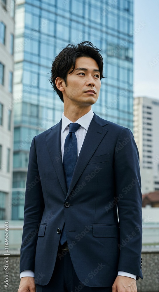 Confident Young Male Executive Holding Briefcase with Modern Skyscrapers in the Background