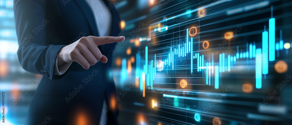 Fototapeta premium business professional interacts with futuristic digital interface displaying data analytics, graphs, and glowing elements, symbolizing technology and innovation in finance or business