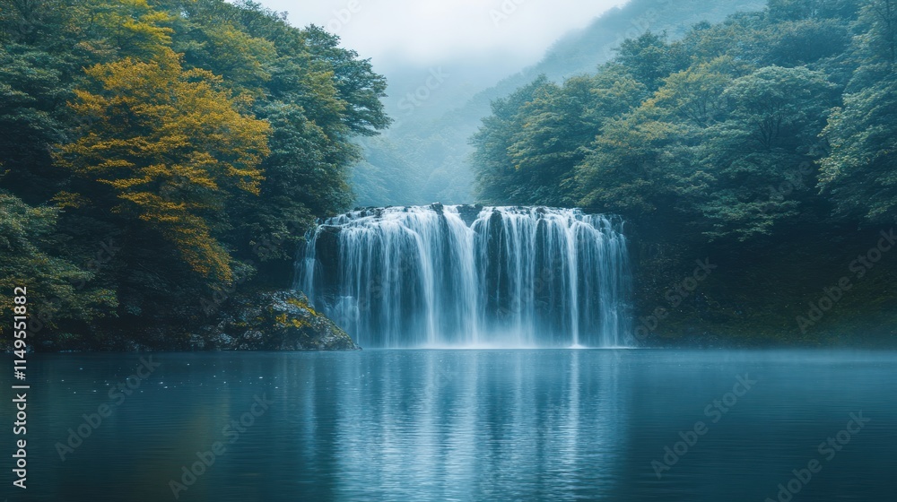 Fototapeta premium Serene waterfall flows into misty lake.