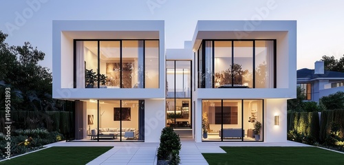 Exterior view of a contemporary villa featuring glass windows and sleek white walls.