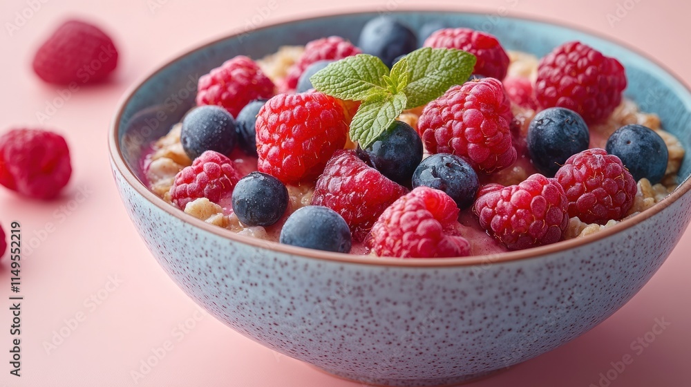 Bowl of oatmeal with raspberries, blueberries, and yogurt. Bowl of oatmeal with raspberries, blueberries, and yogurt.