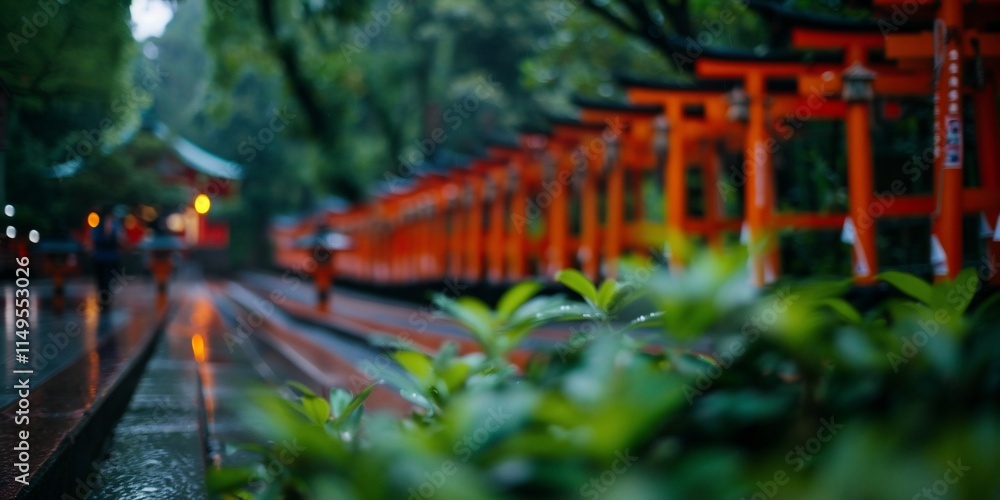 Blurred view of rain-soaked Japanese torii gates and greenery. Blurred view of rain-soaked Japanese torii gates and greenery.