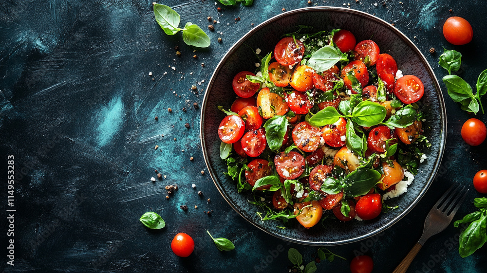 Fresh tomato salad with basil served in a modern bowl on a dark surface. Fresh tomato salad with basil served in a modern bowl on a dark surface.