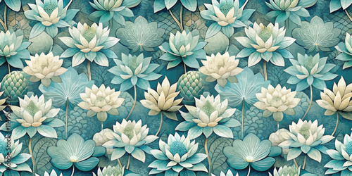 A beautiful pattern of serene teal and white water lilies in various stages of bloom, creating a calming atmosphere.