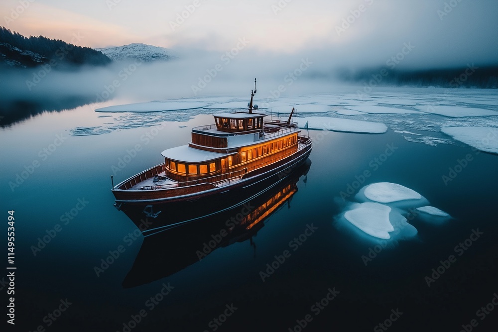 Fototapeta premium A boat rests on a tranquil waterway, surrounded by patches of ice as a frozen river melting signals the arrival of spring and the beauty of nature's thaw.
