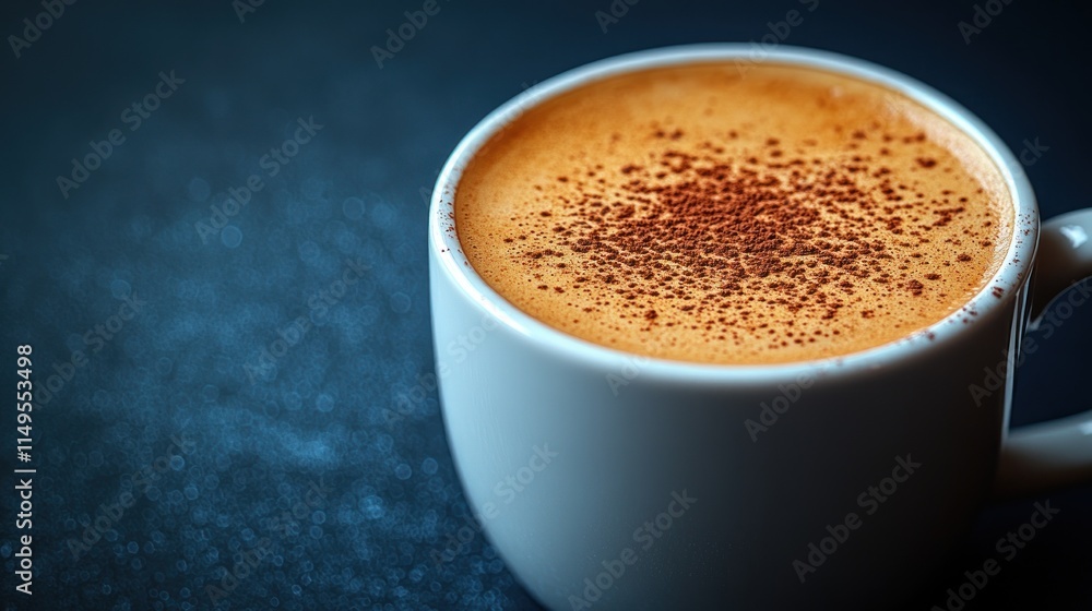 Close-up of a cappuccino in a white cup with cocoa powder on top. Close-up of a cappuccino in a white cup with cocoa powder on top.