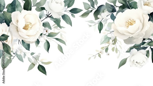 Watercolor - illustration with green gold leaves, white flowers, rose, peony and branches, for wedding stationary, greetings, wallpapers, fashion, backgrounds, wrappers, cards.