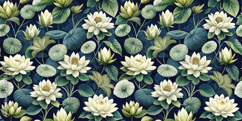 A vibrant floral pattern featuring white water lilies and lush green leaves on a dark background.