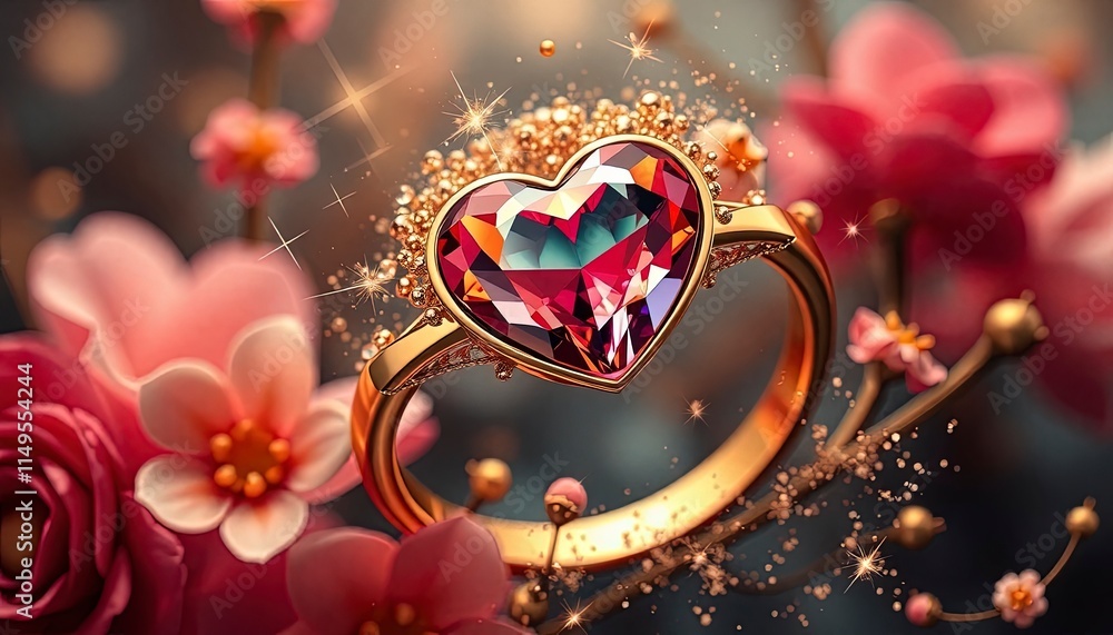 Golden ring with a heart-shaped gemstone surrounded by sparkles and flowers. Golden ring with a heart-shaped gemstone surrounded by sparkles and flowers.