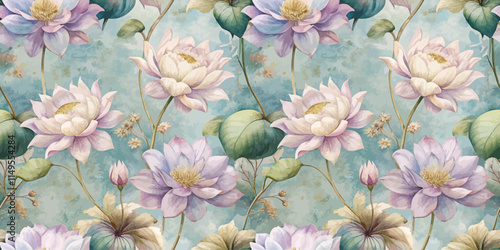 A serene floral pattern featuring delicate lotus flowers in soft pastels set against a tranquil blue background.