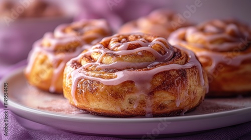 Close-up of three delicious cinnamon rolls with pink icing on a plate.