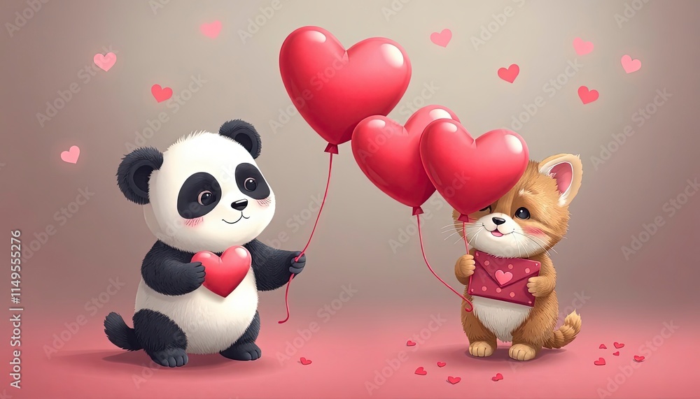 Cute animals like pandas or kittens holding heart-shaped balloons and love letters. Cute animals like pandas or kittens holding heart-shaped balloons and love letters.