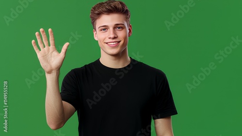 Smiling Young Man Waving on Green Background