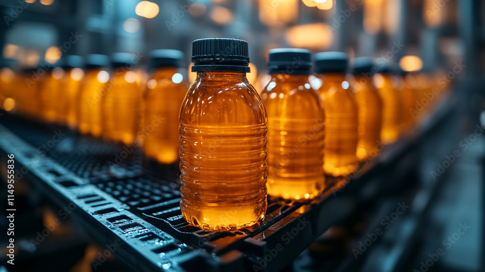 Bottles of orange liquid lined up on a shelf in a production facility. Bottles of orange liquid lined up on a shelf in a production facility.