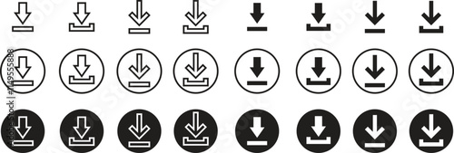 Set of Download flat and line icons. install symbols. Upload buttons. Load symbols. Software download arrows. Save buttons. Download files, applications, documents pictogram on transparent background.