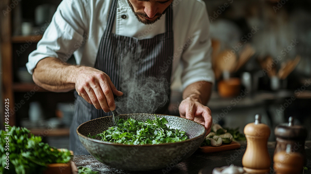 Chef preparing fresh herbs in a rustic kitchen with warm lighting. Chef preparing fresh herbs in a rustic kitchen with warm lighting.