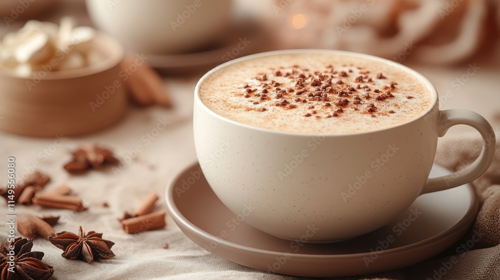 Creamy spiced latte in a white mug on a saucer. Creamy spiced latte in a white mug on a saucer.