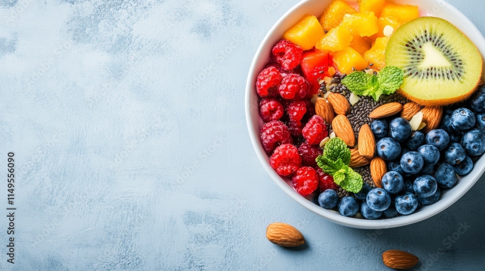 Refreshing fruit salad bowl kitchen counter food photography bright top angle healthy eating Refreshing fruit salad bowl kitchen counter food photography bright top angle healthy eating