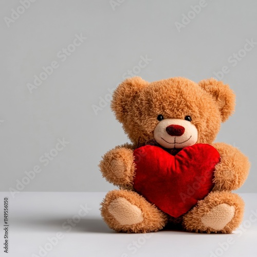 Cuddly bear holding heart studio toy photography neutral background close-up love concept