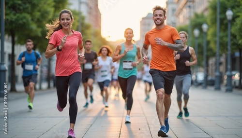 Energetic runners participating in a city marathon at sunrise, showcasing teamwork and fitness
