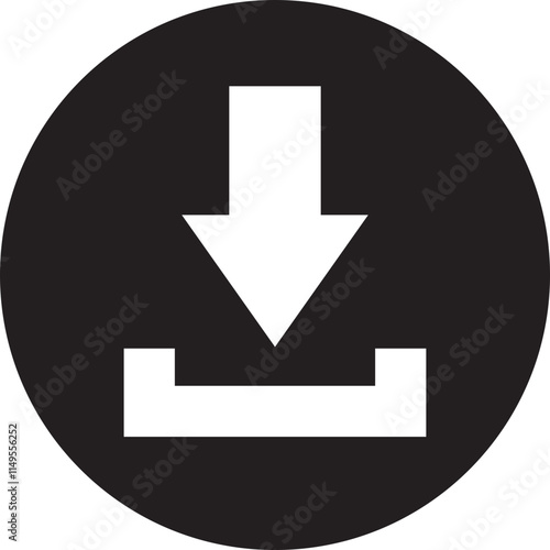 Download icon in flat style. install symbol. Upload button. Load symbol. Software download arrow. Save button. Download files, applications, documents pictogram isolated on transparent background.