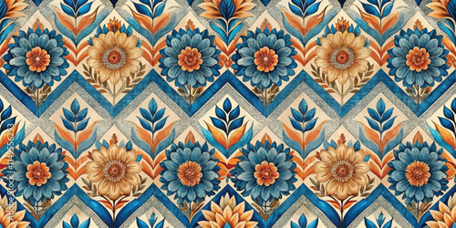 Beautiful floral pattern featuring vibrant blue and orange flowers on a cream background.