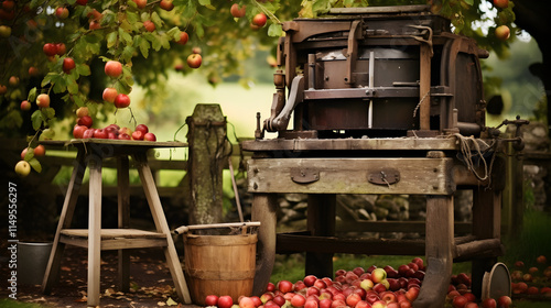 Traditional Wooden Cider Press Among Autumnal Apples in Rustic Outdoor Setting photo