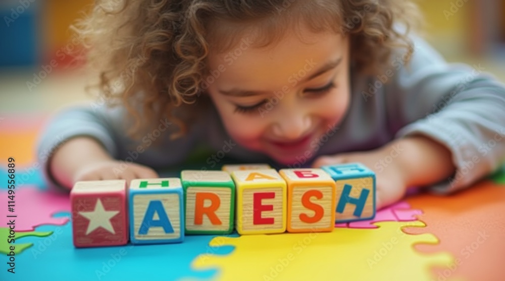 Fototapeta premium A close-up of a child using letter blocks to spell words on a colorful mat