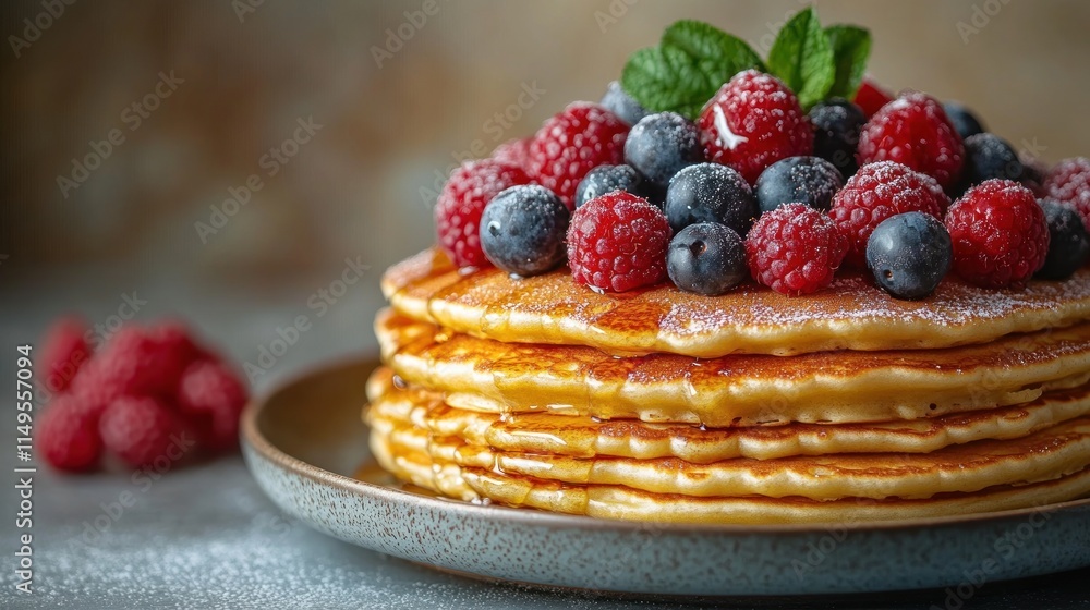 Delicious pancakes topped with fresh raspberries, blueberries, mint, and syrup. Delicious pancakes topped with fresh raspberries, blueberries, mint, and syrup.