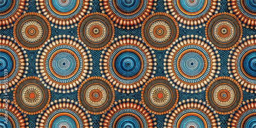 Colorful circular patterns featuring intricate designs in shades of blue, orange, and cream.