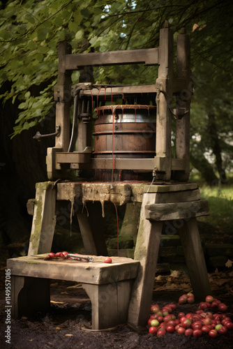 Traditional Wooden Cider Press Among Autumnal Apples in Rustic Outdoor Setting photo