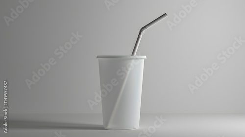Simple White Cup with Straw on Soft Gray Background