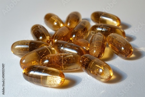 Close up of golden vitamin pills, representing health, wellness, and the pharmaceutical industry photo