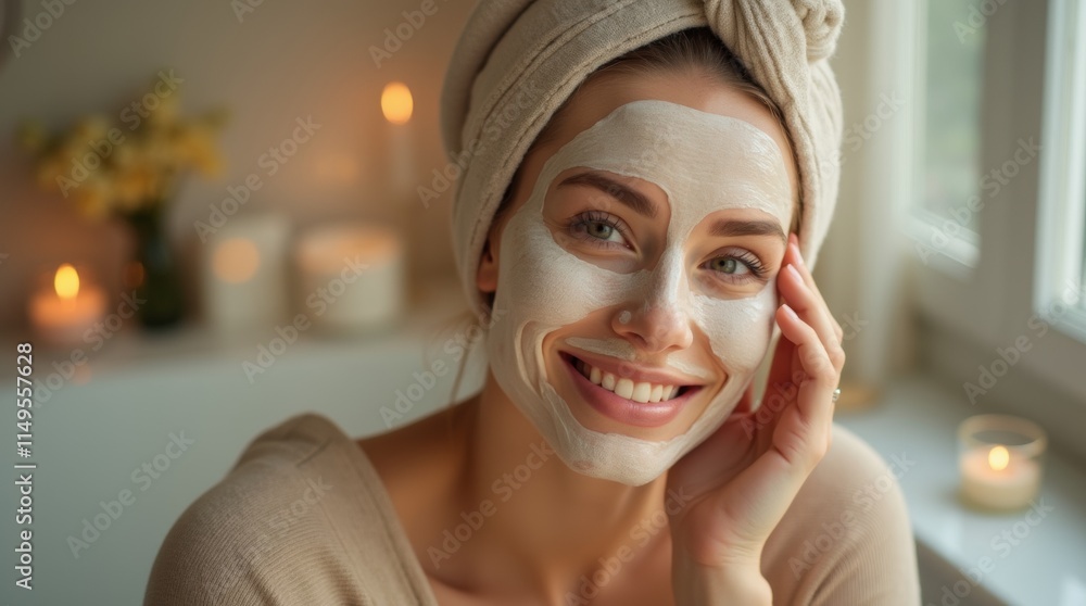 A close-up of a woman applying a hydrating face mask in a cozy bathroom A close-up of a woman applying a hydrating face mask in a cozy bathroom
