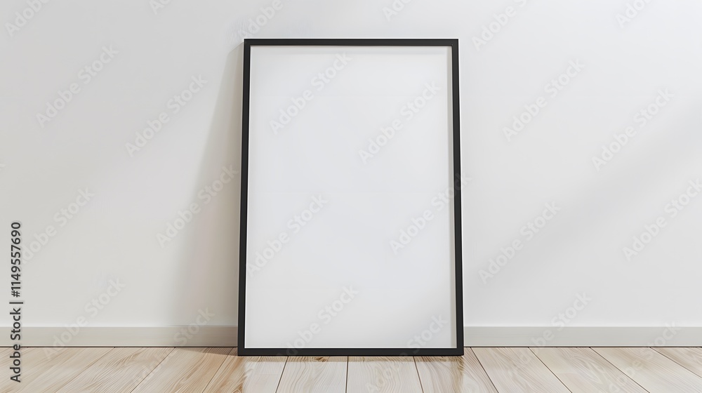 Blank Picture Frame on Floor Against Minimalist White Wall Blank Picture Frame on Floor Against Minimalist White Wall