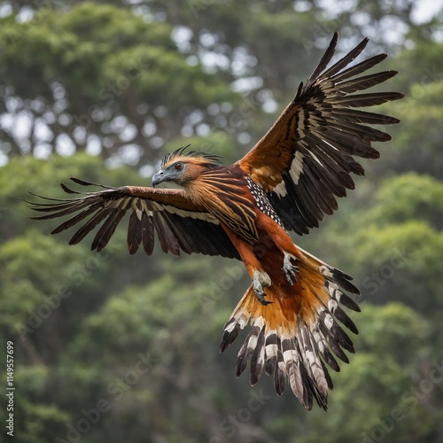 A detailed hoatzin in flight, displaying its unique wing structure, clear with a white background. photo